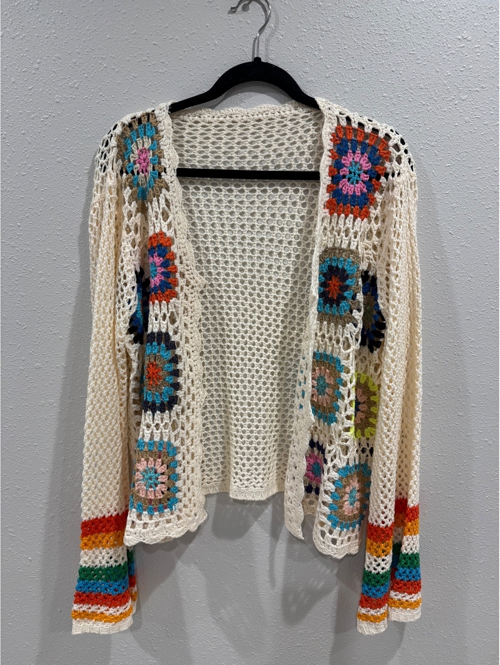SHEIN Crochet Granny Square Cardigan Women’s L Cream Multicolor Boho Open Knit